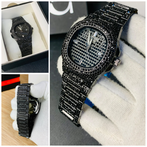 Iced Out Black Chain Watch for Men | Full Stainless Steel | Date Working | Gift Box Included