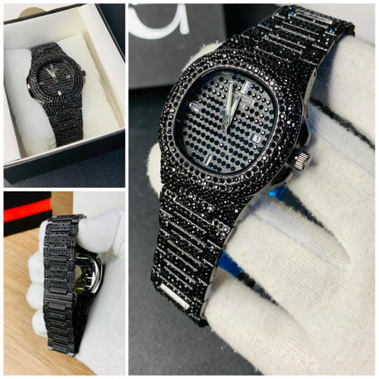 Iced Out Black Chain Watch for Men | Full Stainless Steel | Date Working | Gift Box Included