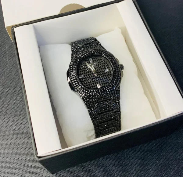 Iced Out Black Chain Watch for Men | Full Stainless Steel | Date Working | Gift Box Included
