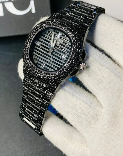 Iced Out Black Chain Watch for Men | Full Stainless Steel | Date Working | Gift Box Included