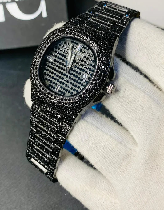 Iced Out Black Chain Watch for Men | Full Stainless Steel | Date Working | Gift Box Included