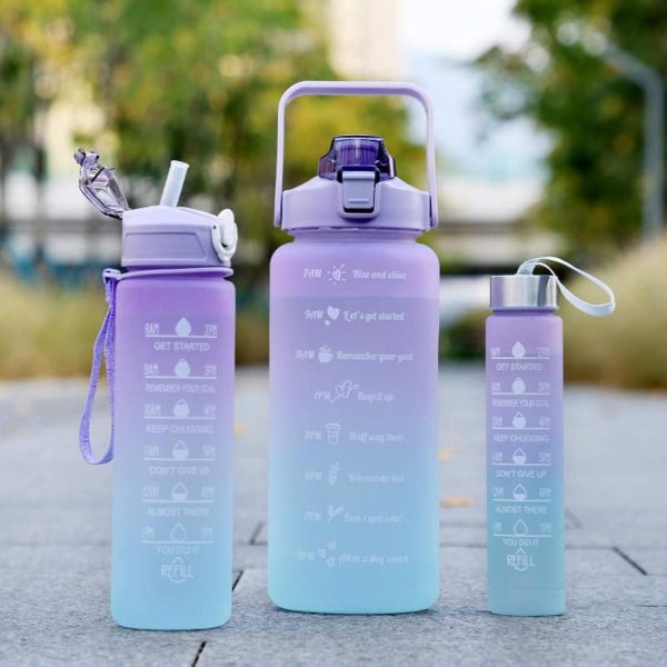3 Pcs Sports Water Bottles Set – With Motivational Time Marker, Hidden Storage & Flip Lid | Leak-Proof & BPA-Free (Random Color)
