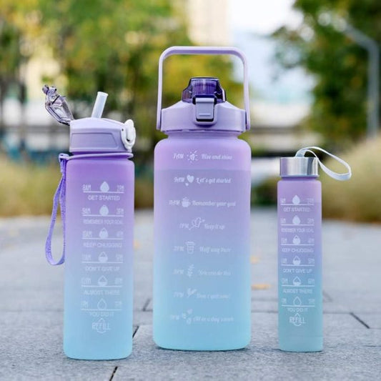 3 Pcs Sports Water Bottles Set – With Motivational Time Marker, Hidden Storage & Flip Lid | Leak-Proof & BPA-Free (Random Color)