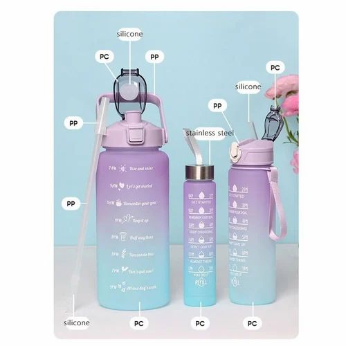 3 Pcs Sports Water Bottles Set – With Motivational Time Marker, Hidden Storage & Flip Lid | Leak-Proof & BPA-Free (Random Color)