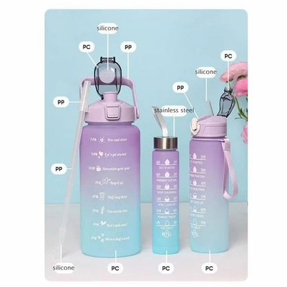 3 Pcs Sports Water Bottles Set – With Motivational Time Marker, Hidden Storage & Flip Lid | Leak-Proof & BPA-Free (Random Color)