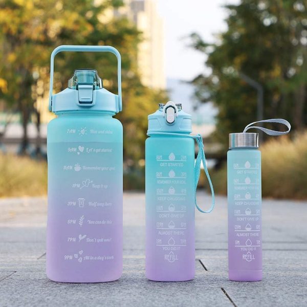 3 Pcs Sports Water Bottles Set – With Motivational Time Marker, Hidden Storage & Flip Lid | Leak-Proof & BPA-Free (Random Color)