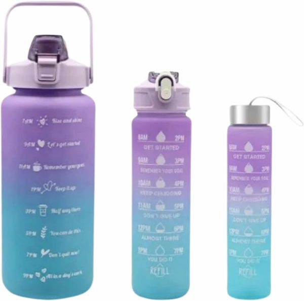 3 Pcs Sports Water Bottles Set – With Motivational Time Marker, Hidden Storage & Flip Lid | Leak-Proof & BPA-Free (Random Color)