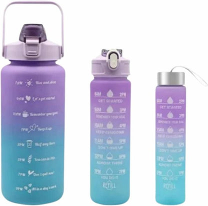 3 Pcs Sports Water Bottles Set – With Motivational Time Marker, Hidden Storage & Flip Lid | Leak-Proof & BPA-Free (Random Color)