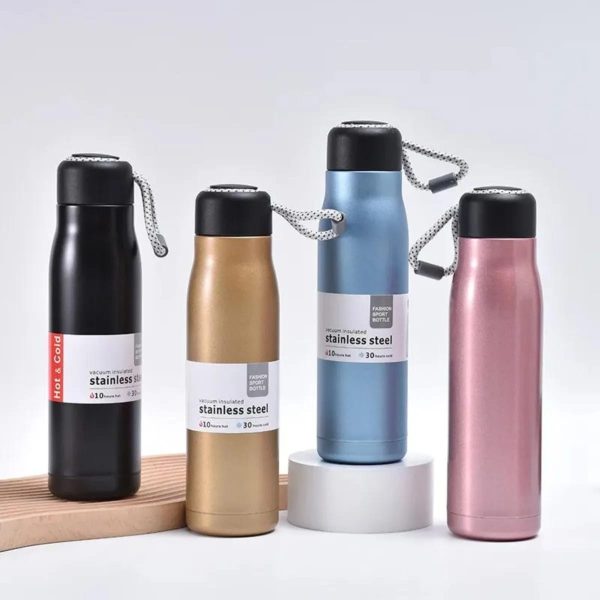 Stainless Steel Insulated Vacuum Water Bottle 550ml, Cola Shape, Leak Proof, With Strong Rope Cap | Hot & Cold Portable Thermos Water Bottle Thermo Mug Stainless Steel Vacuum Flask Mug Insulation Cup (random Color)